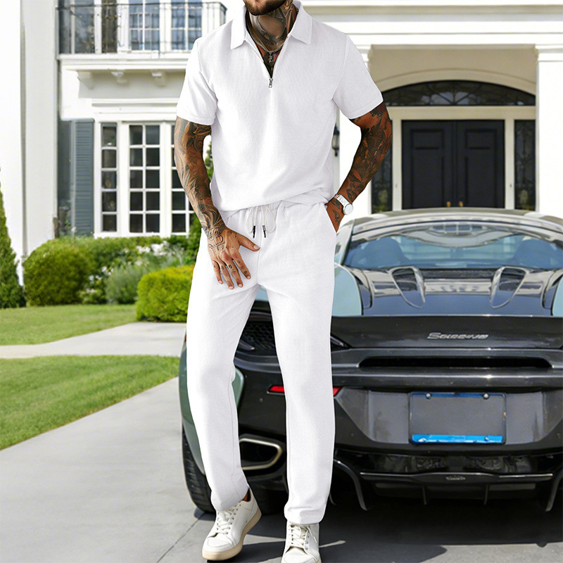 Mens Casual Corduroy Short-Sleeve Polo And Pants Set