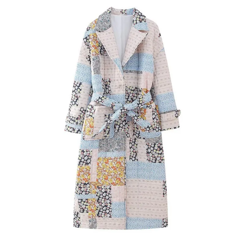 Contrast Color Retro Pocket Waistband Cotton-padded Coat - Color