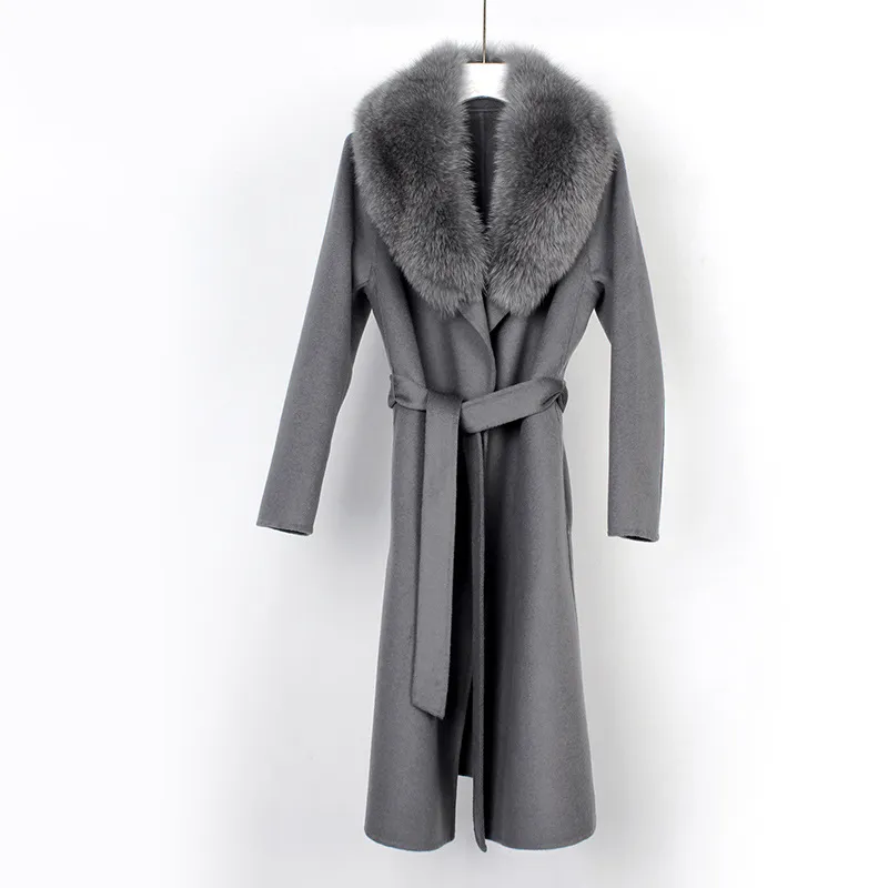 Autumn And Winter New Wool Overcoat Double-faced Woolen Goods Long Belt Slim Fit - Gray