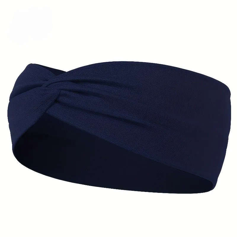 Pure Color And Knotted Hair Band Elastic Wide Hair Band Non-slip Headband, Suitable For Gym Sports Yoga - Navy