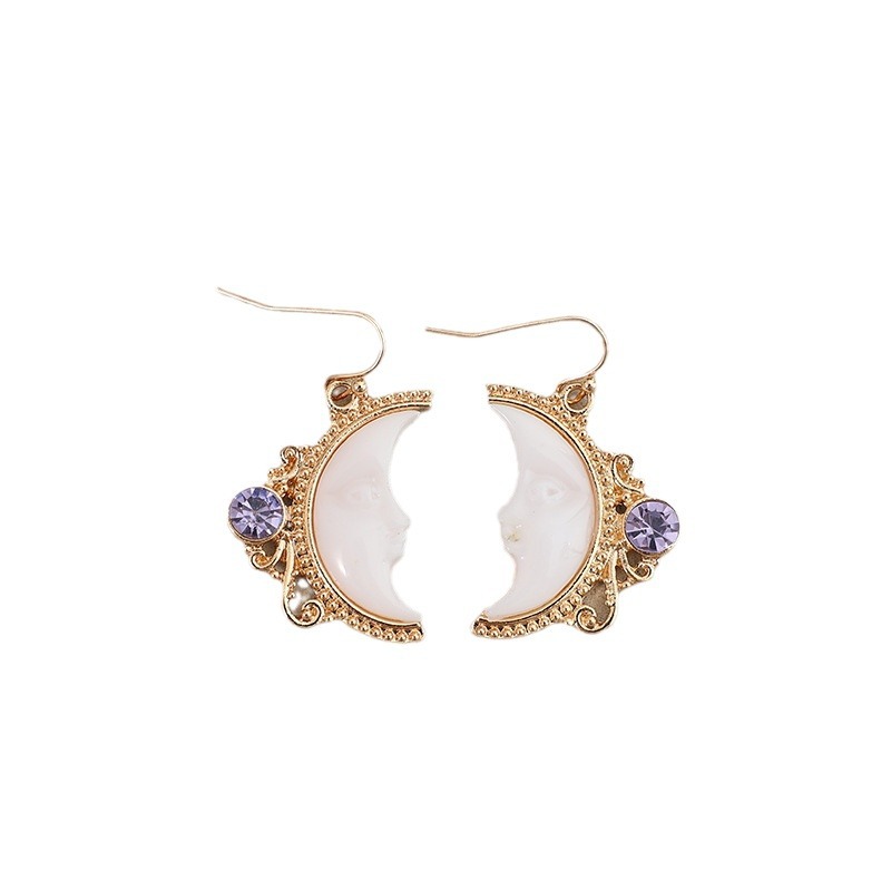 Retro Moon Face Earrings Golden Edge Inlaid