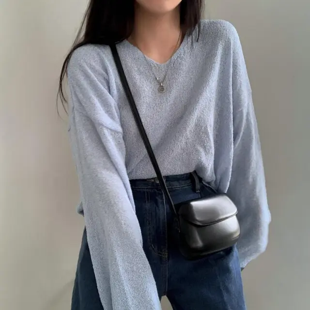 Women's Loose And Lazy Style V neck Pullover Sweater Blue - Shop at LoveMi