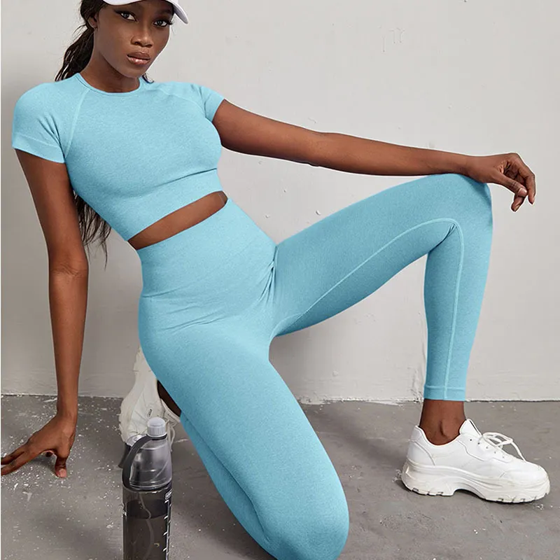 Quick-drying Workout Clothes High Waist Hip Lift Yoga Pants Suit - Light Blue
