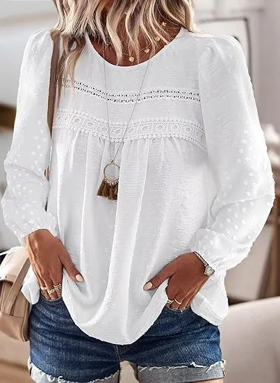 Bohemian Minimalist Chic Round neck Chiffon Top With Multicolored Lace Trim White - Shop at LoveMi