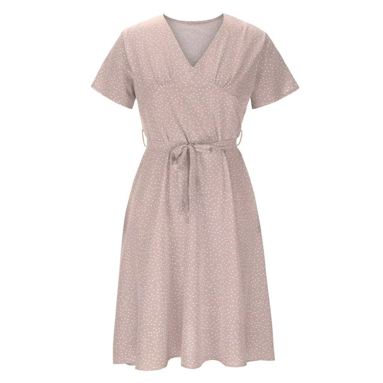 Womens Short-sleeve Chiffon Dress Lotus Root Color M