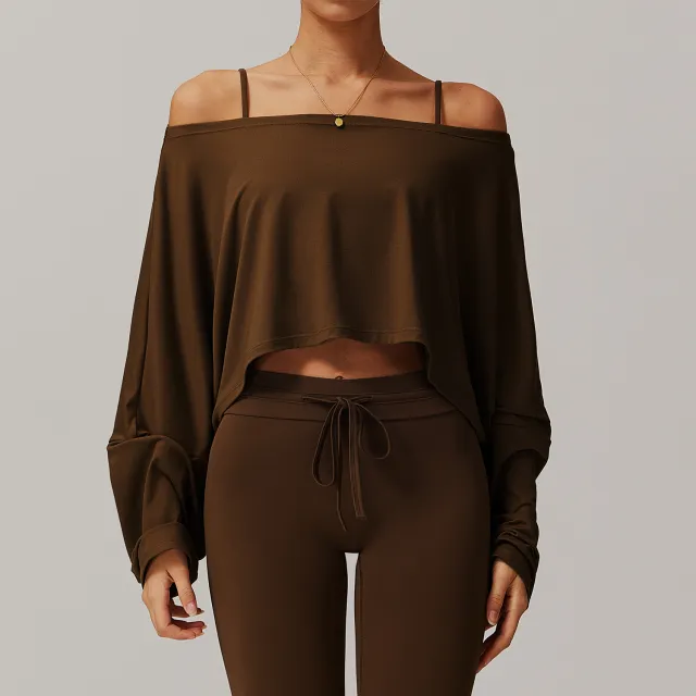 Fitness Sports Long sleeved Top Women's Off shoulder Batwing Sleeve Brown - Shop at LoveMi