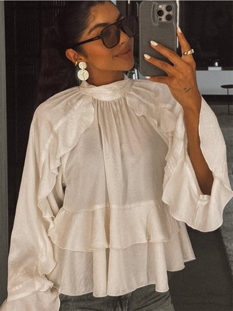 Ruffled Vintage Beige Satin Top for Women, Long Sleeve