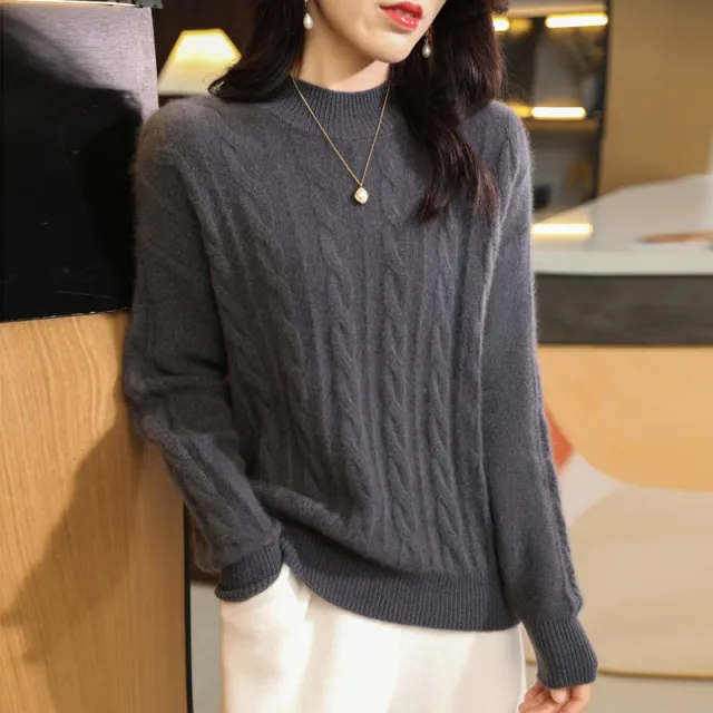 Pure Wool Sweater Women's Half Turtleneck Thick Twist Bottoming Shirt Elephant Gray - Shop at LoveMi