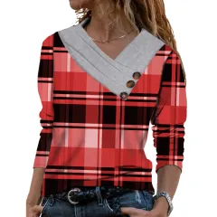 Women Scarf Collar T-shirt With Long Sleeves Hoodie Button Top - Red Plaid - View 1