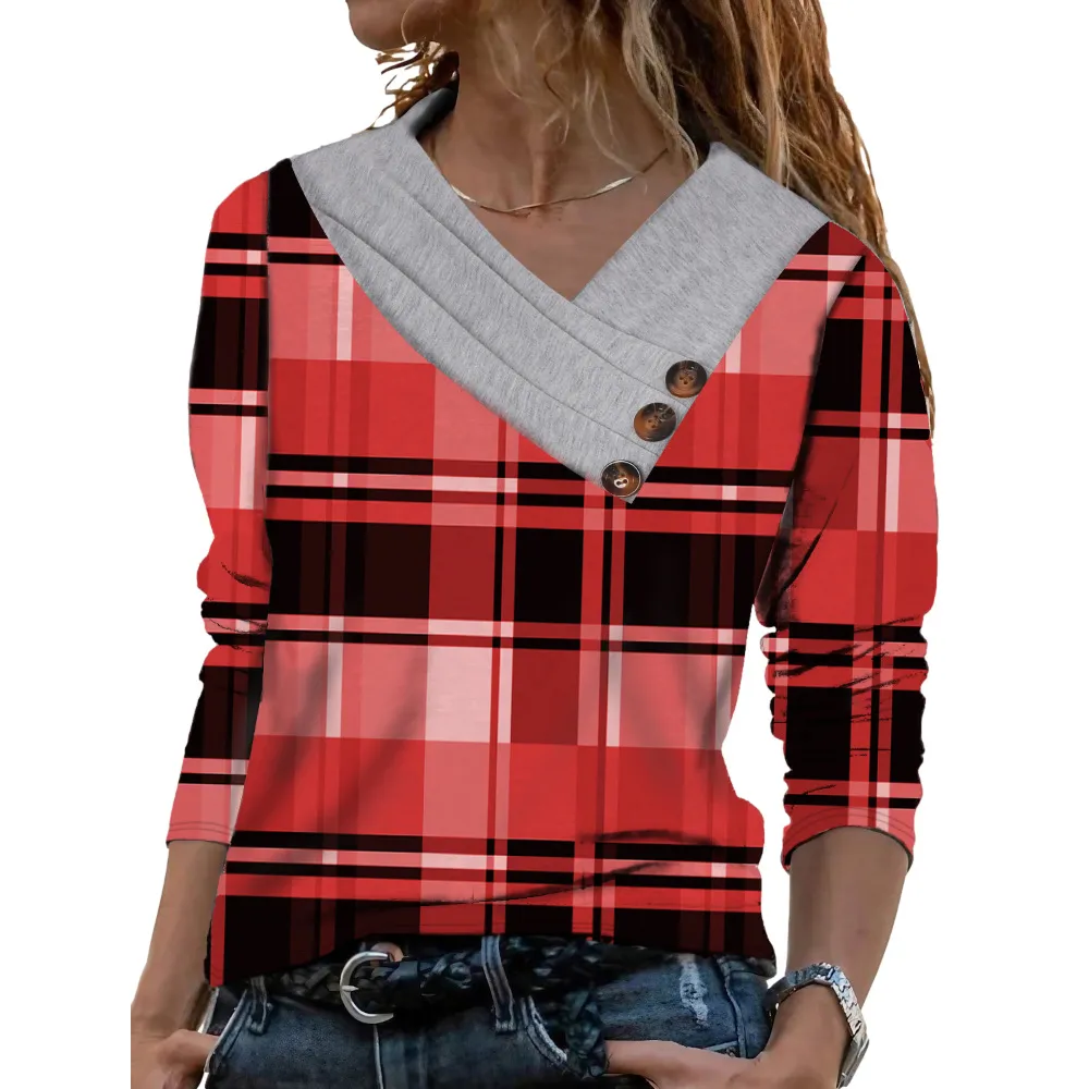 Women Scarf Collar T-shirt With Long Sleeves Hoodie Button Top - Red Plaid