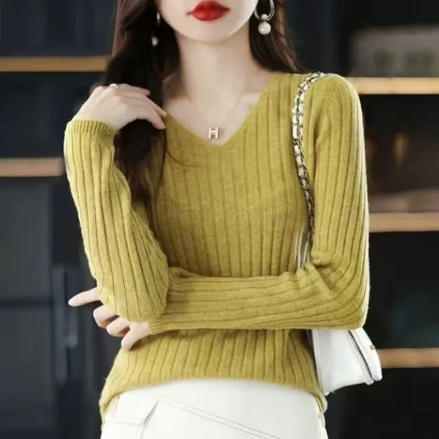 Slim V neck Pullover Long Sleeve Knitted Sweater Yellow - Shop at LoveMi