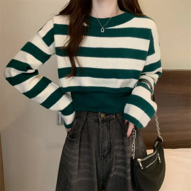 Fashion Striped Sweater Long sleeved Top Green - Shop at LoveMi