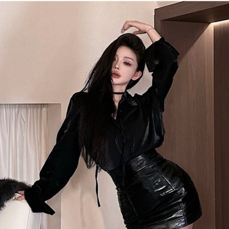 Women's High Waist Sheath Leather Skirt Shirt Top Hot Girl Suit