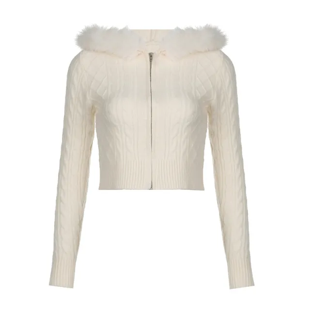 Women's Wool Stitching Hooded Wool Top With Twist Zipper Nipped Waist Knit Sweater Beige - Shop at LoveMi