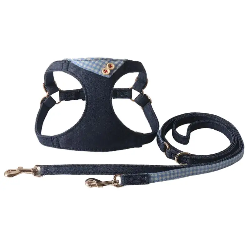 Dark Blue Denim Patchwork Plaid Pet Harness Set