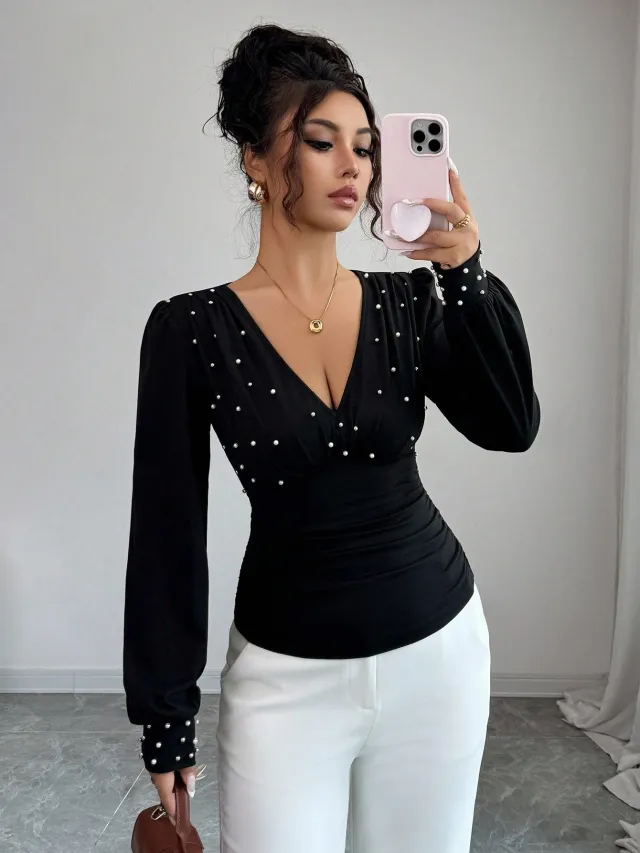 V neck Pearl Solid Color Long Sleeved Fitted T shirt Women Black - Shop at LoveMi