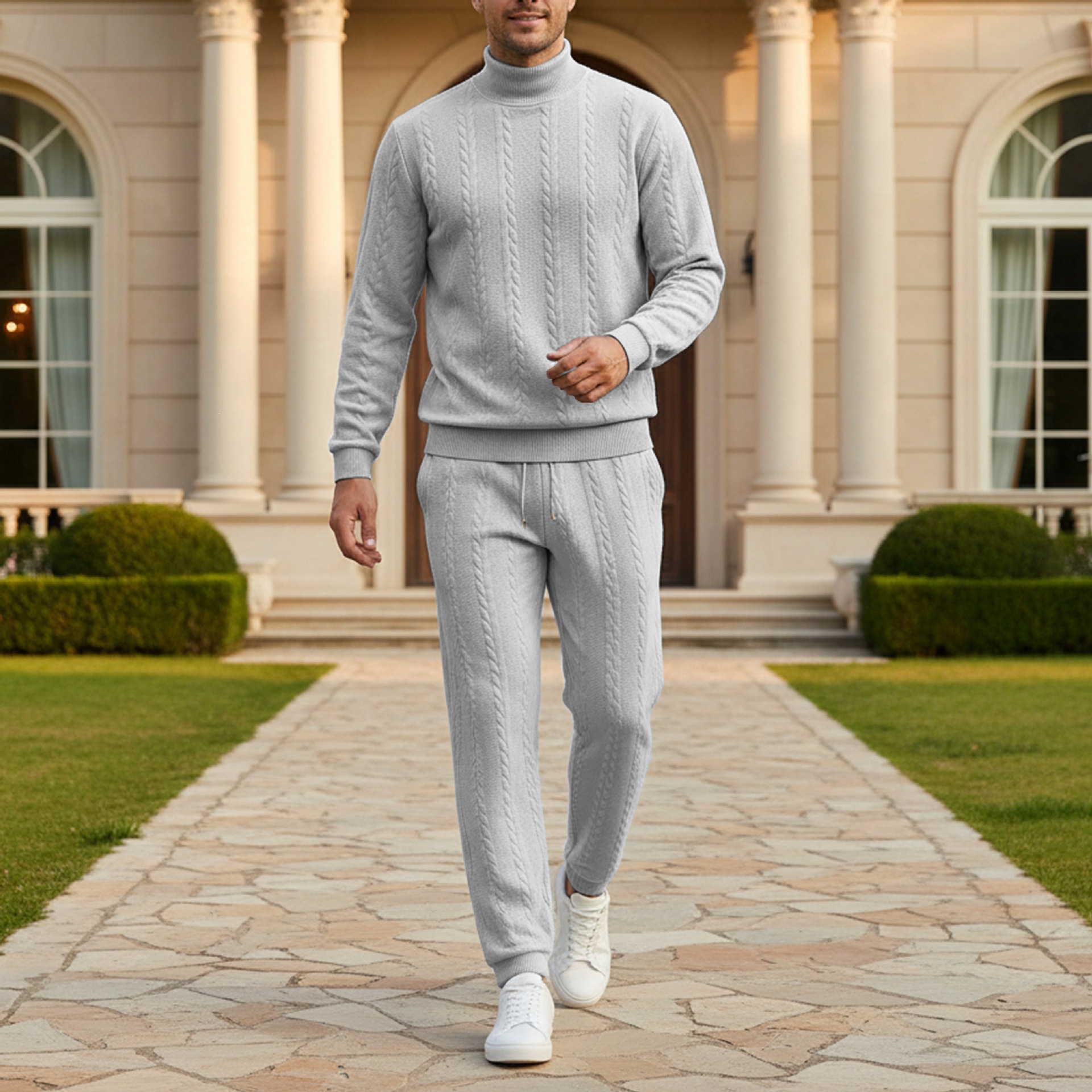 Cross-border Mens Jacquard Stand-collar Top, Amazon Springautumn Solid-color European-size Drawstring Ankle-banded Warm Casual Set