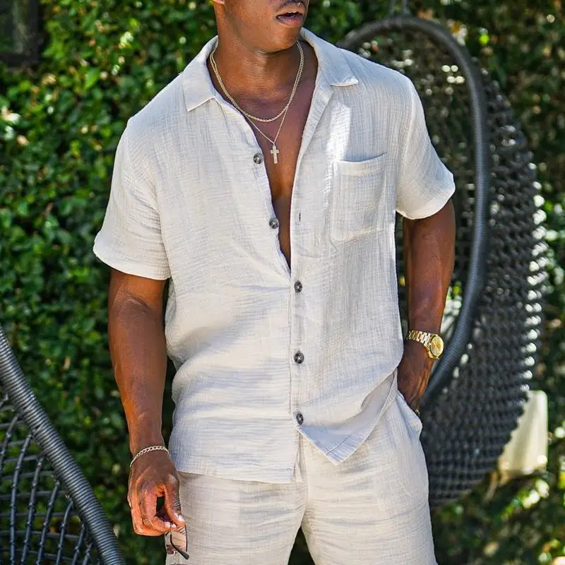 Mens Cotton-Linen Lapel Shirt And Shorts Set