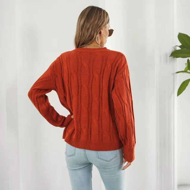 Twist Hollow Loose Long Sleeve Casual Knitted Red Copper - Shop at LoveMi