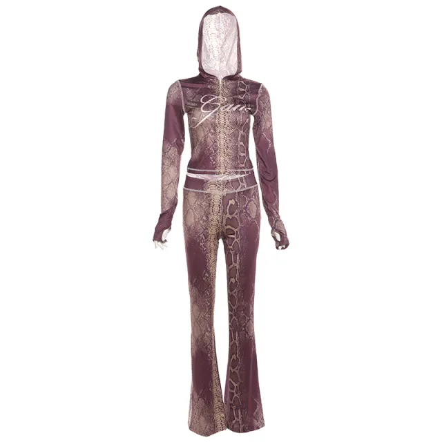 Womens Cardigan Top And High Waisted Tight Fit Printed Pants Set Snake Pattern M - Shop at LoveMi