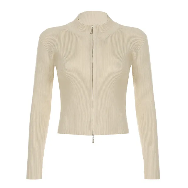 American Street Solid Color Double headed Zipper Knitted Sweater Light Yellow - Shop at LoveMi