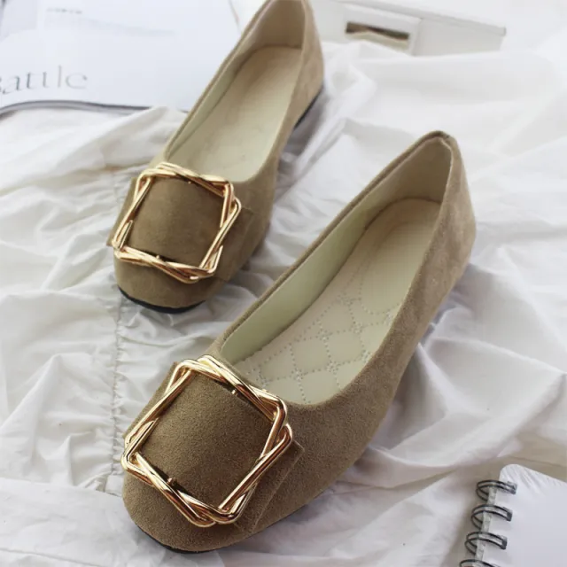 Toe Comfortable Large Size Square Buckle Flats Women's Shoes Khaki - Shop at LoveMi