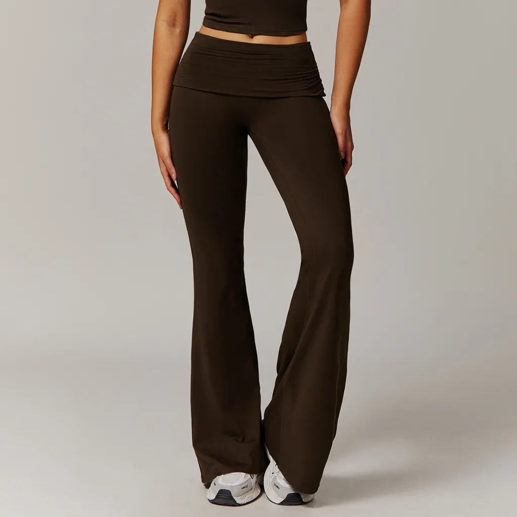 Wool Pleated Yoga Fold High Waist Running Sports Skinny Versatile Bell-bottom Pants Women - Coffee