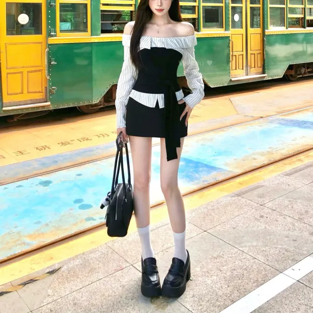Early Autumn Color blocking Striped Design Off shoulder Slim fit Top And Skirt Set Black - Shop at LoveMi