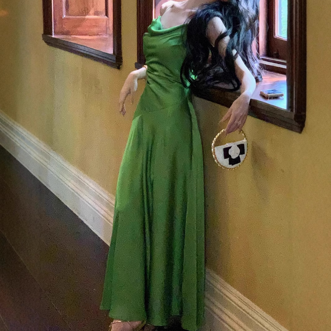Summer Green Suspenders Dress Satin Slit Dress