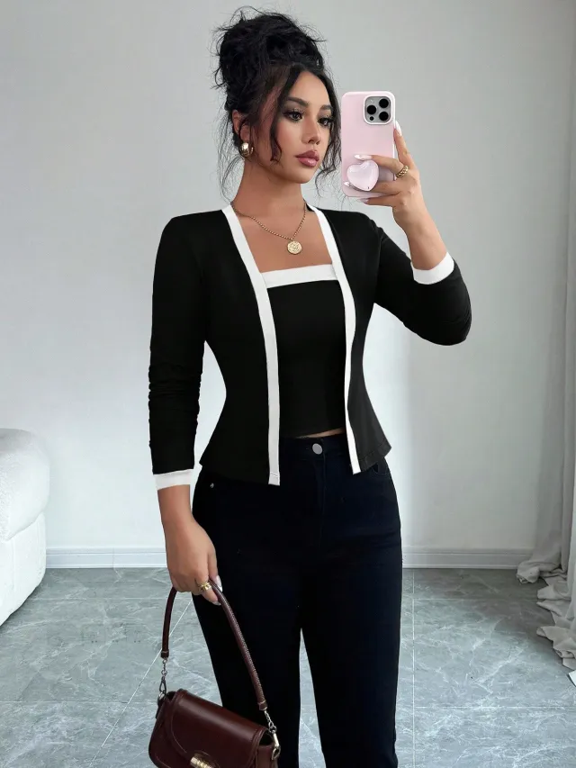 Cardigan Jacket And Vest Two piece Set Tops Black - Shop at LoveMi