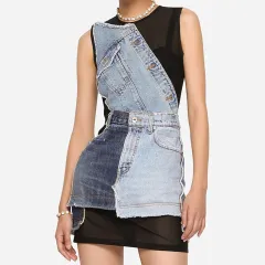 Women's Round Neck Sleeveless Denim Stitching Mesh Zipper Dress - Colour - View 1