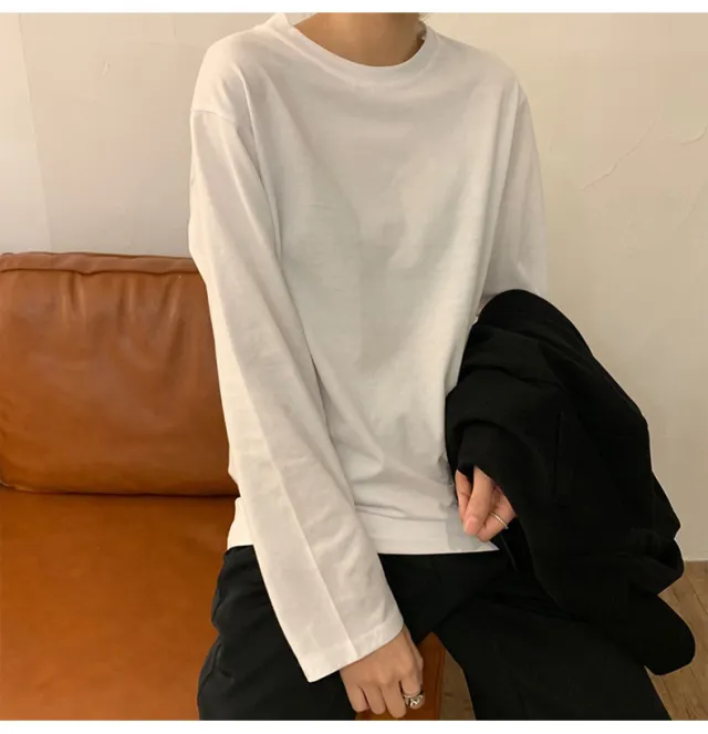 White Base Shirt Women's Solid Color Long sleeved T shirt White - Shop at LoveMi