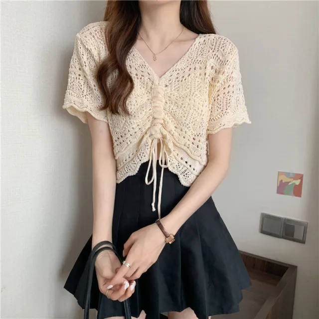 Drawstring V Neck Short Sweater Apricot - Shop at LoveMi