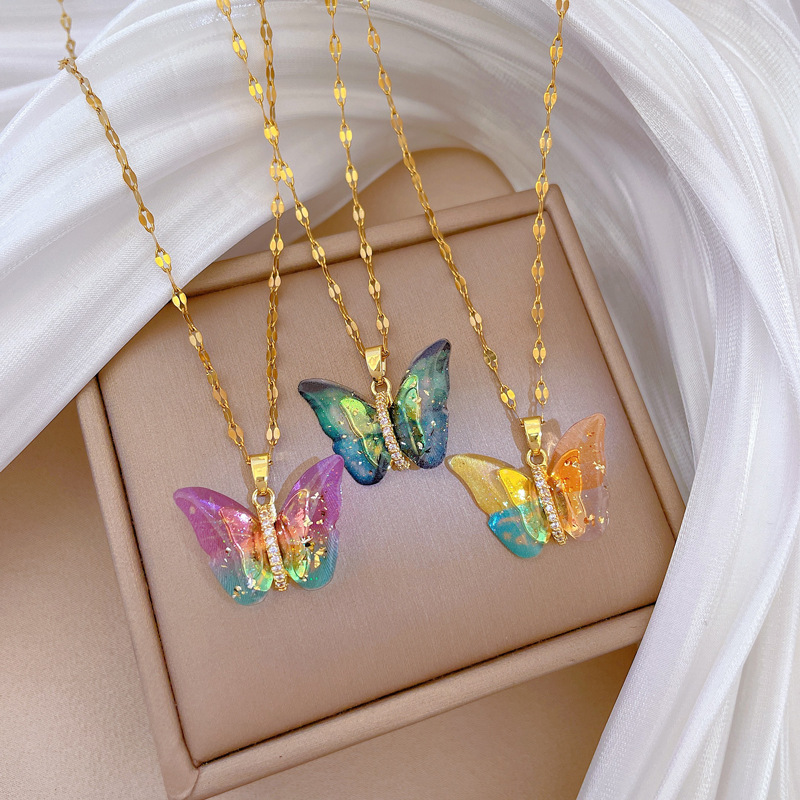 Titanium Steel Colorful Butterfly Full-Diamond Necklace