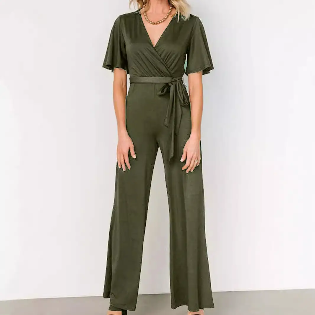 Women's Casual Solid Color Short Sleeve Belt Jumpsuit