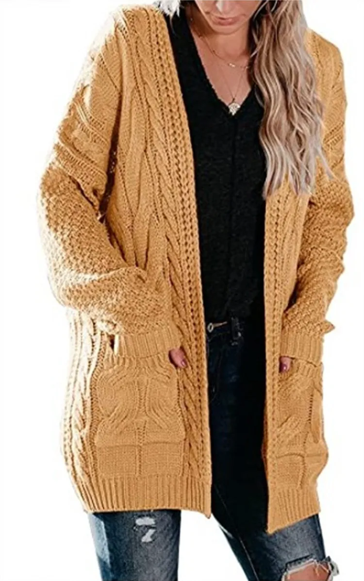 Women's Mid-length Twist Pocket Knitted Cardigan Sweater - Khaki