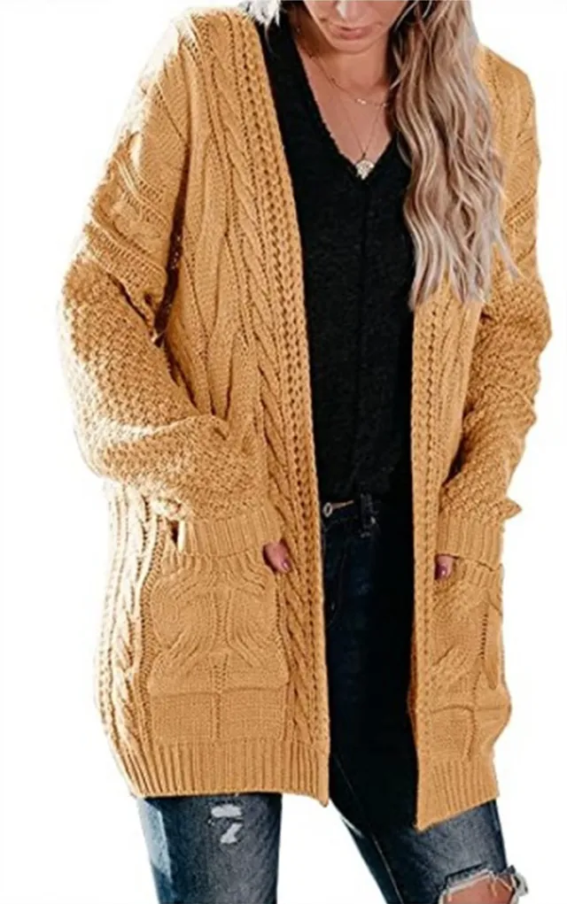 Women's Mid length Twist Pocket Knitted Cardigan Sweater Khaki - Shop at LoveMi