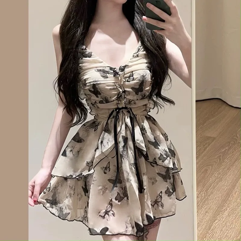 Retro Belly-covering Slimming Design Backless Sexy Seaside Butterfly Dress - Beige