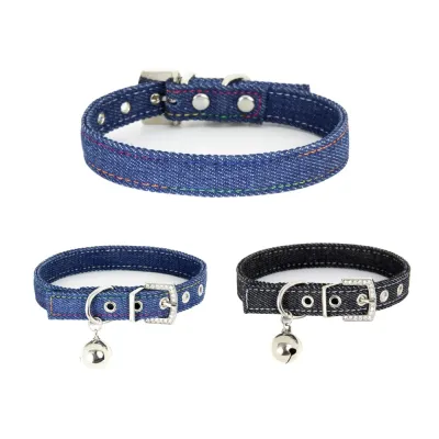 Pet Adjustable Collar With Bell Leather Denim Cat Scarf