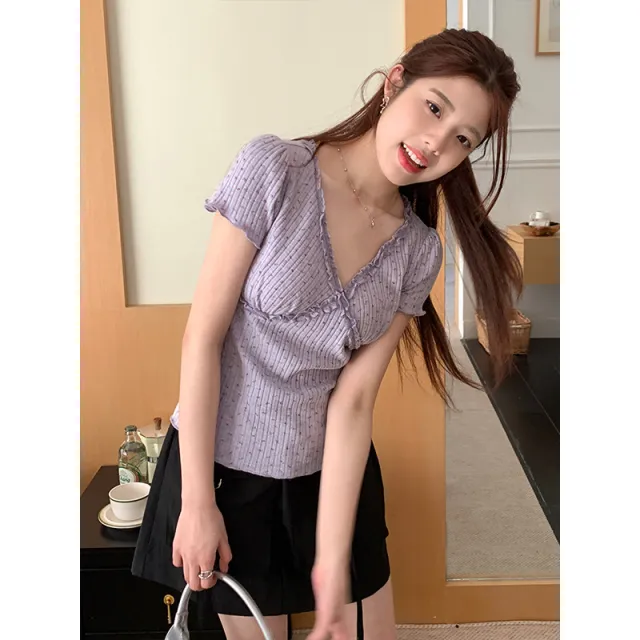 Women's Lace V neck Short sleeved T shirt Slim fit Crop top Purple - Shop at LoveMi