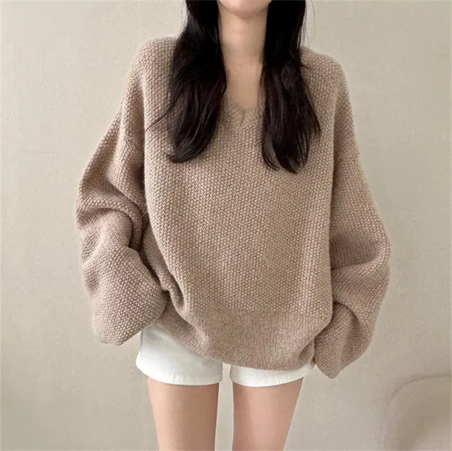 Autumn And Winter Thick V neck Sweater Loose Mid length Sweater Khaki - Shop at LoveMi