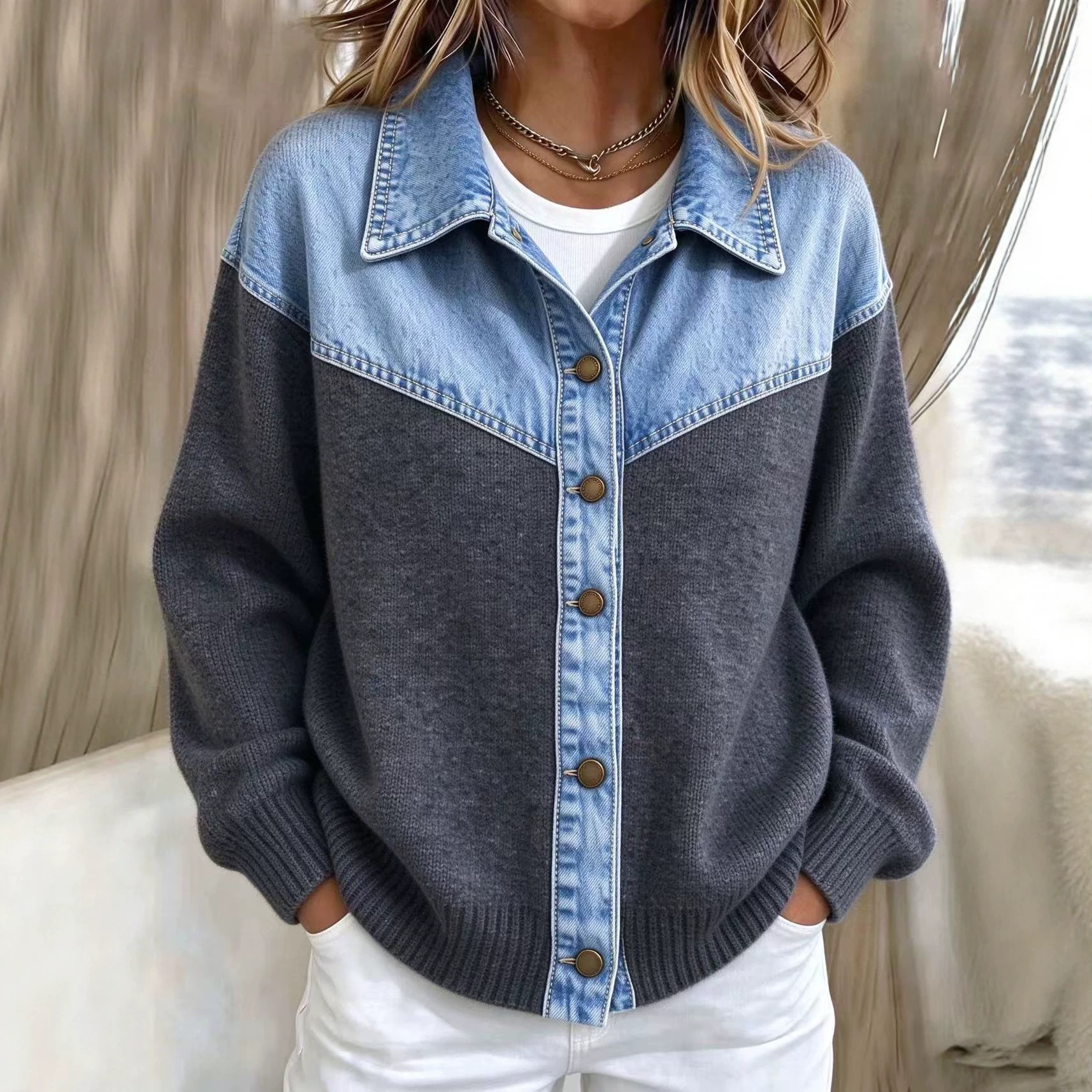 New Autumnwinter Denim-and-knit Patchwork Cardigan Womens Sweater Jacket