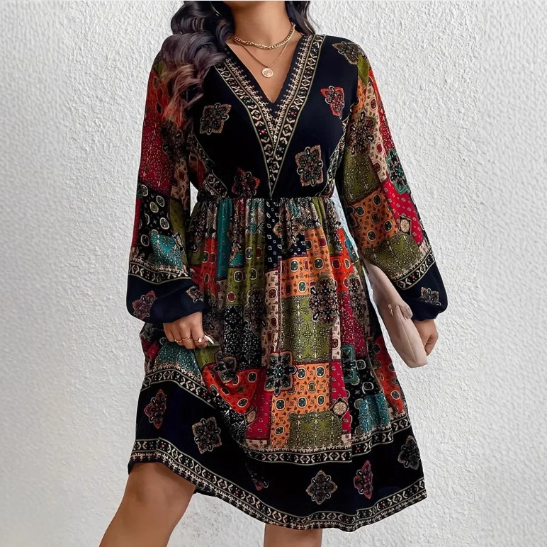 Women's Long Sleeve V-neck Printed Dress