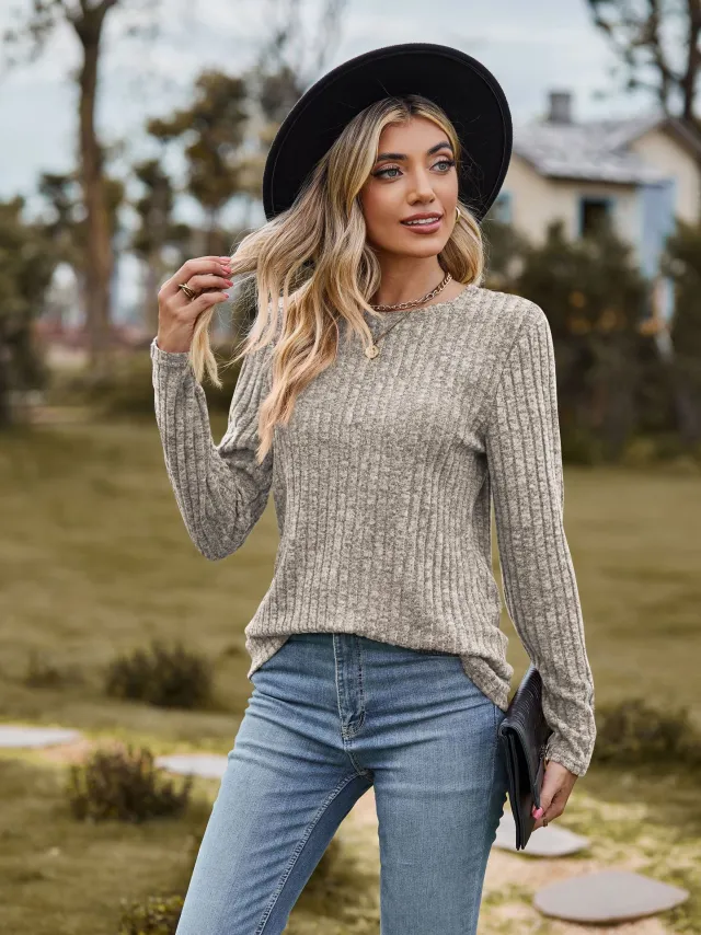 Autumn Women Round Neck Brushed Sunken Stripe Solid Color Upper Clothes Long Sleeves T shirt Khaki - Shop at LoveMi