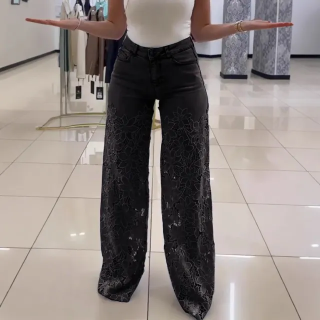 Fashionable Patchwork Denim Jeans For Women With Hollowed Out Lace Details Black - Shop at LoveMi