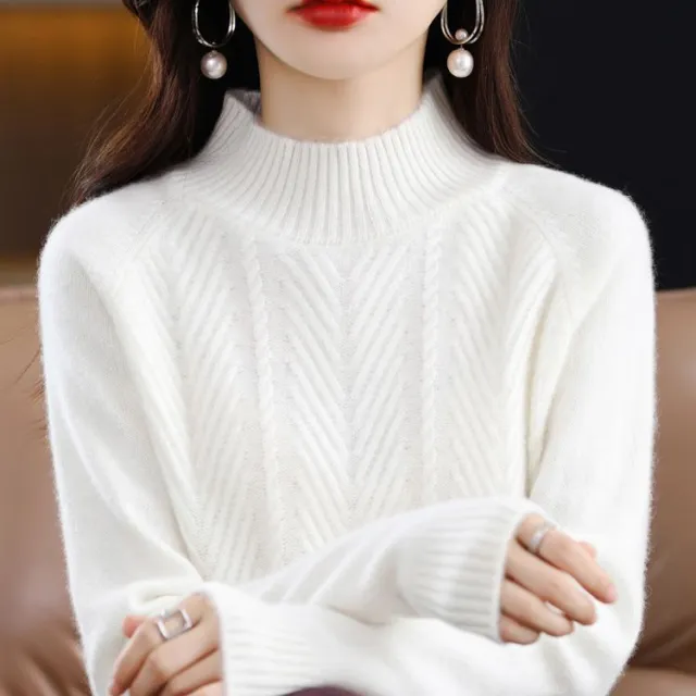 Half Turtleneck Thick Loose Pullover Women's Sweater Beige - Shop at LoveMi