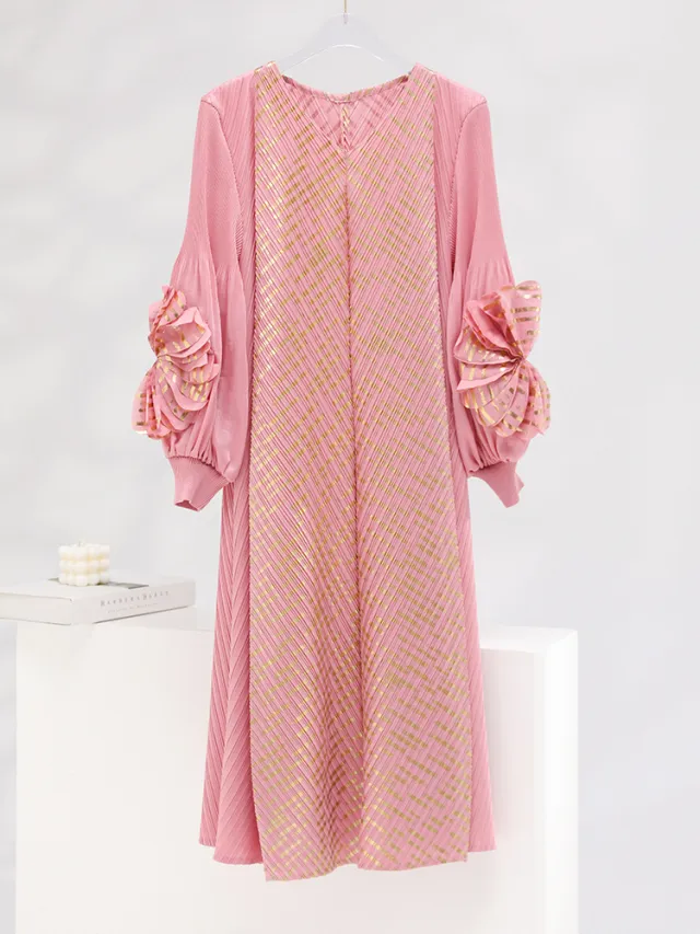 High grade Bronzing Plate Flower V neck Temperament Mid length Pleated Dress Pink - Shop at LoveMi