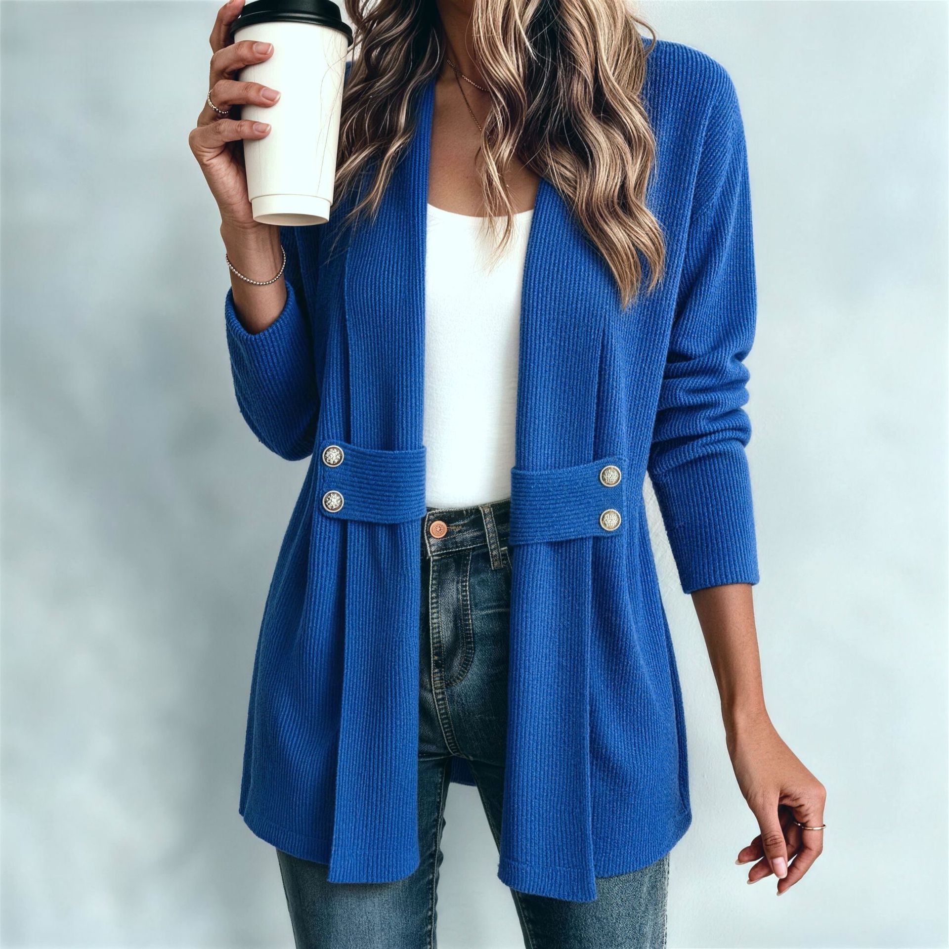 Women's casual loose jacket – sapphire blue colorway layered outfit