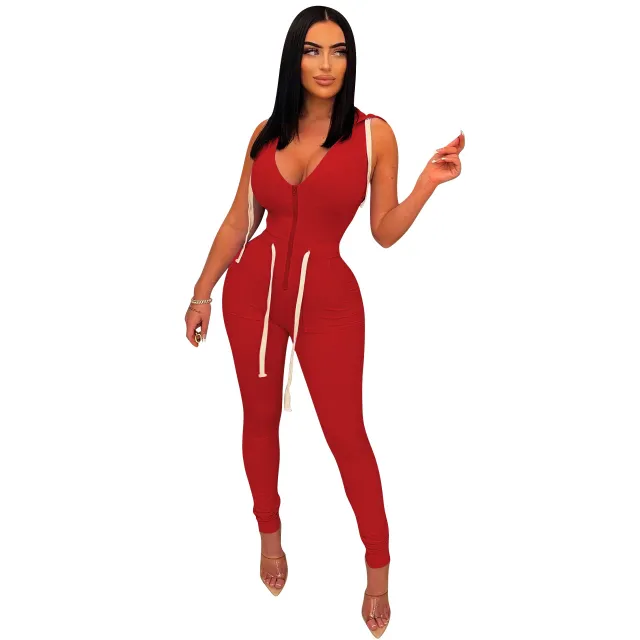 Lace up Low Collar Hooded Jumpsuit Red - Shop at LoveMi