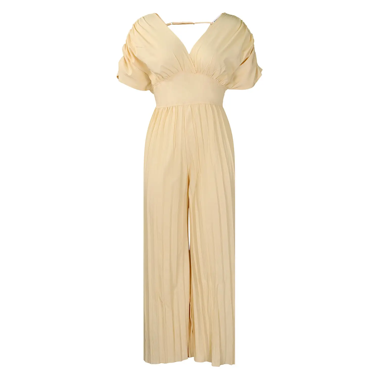 Women's V-neck Solid Color Pleated Jumpsuit